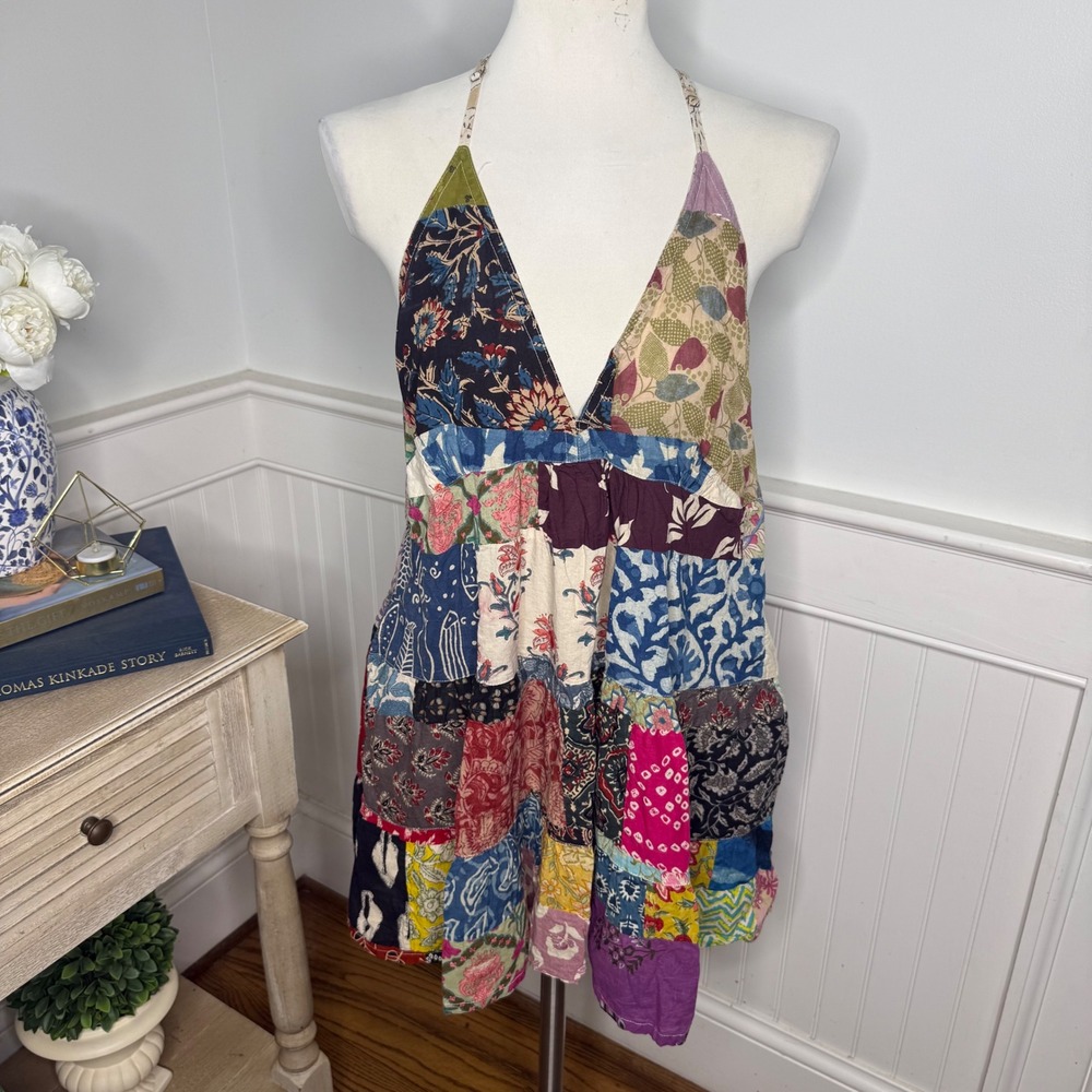 Paani Womens Cotton Patchwork Halter Dress Multicolor Boho Tiered Mini Large